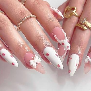 Imagem de Rilafuvu Pregos de amêndoa prensa de unhas médias unhas falsas brancas arco 3D unhas acrílicas cola pérola em unhas com desenhos de frutas, unhas artificiais, unhas brilhantes, prensas para mulheres e