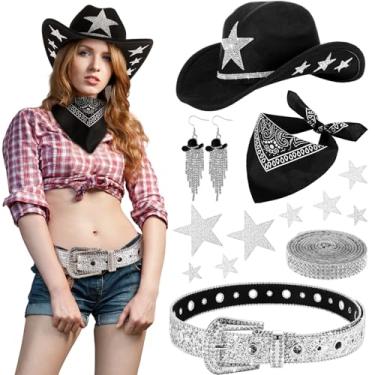 Imagem de Tiamon 5 peças de acessórios de fantasia de faroeste para strass cinto de menina ocidental para chapéu de feltro de cowboy brincos cachecol rodeio vaca meninas conjunto de joias