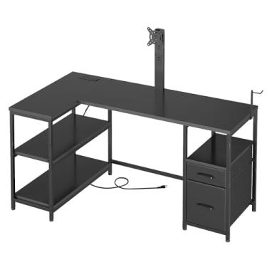 Imagem de YATINEY Mesa de computador em forma de L com suporte ajustável para monitor, mesa de jogos com tomadas, mesa de escritório com gaveta de tecido, gaveta de arquivos e gancho, para sala de estar