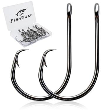 Imagem de FishTrip 50 ganchos de pesca de círculo, 3 ganchos fortes em linha afiados de aço farpado de alto carbono pescaria bagre polvo anzóis para água doce e salgada (6/0_50 peças)