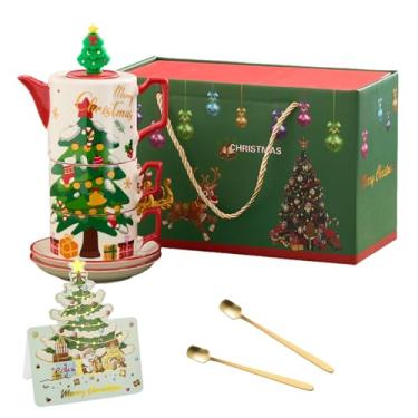 Imagem de Conjunto de chá de Natal com infusor removível, conjunto de chá de cerâmica Atarvana com 1 bule de chá de 450 ml, 2 xícaras de chá e pires de 240 ml, 2 colheres com caixa de presente para presente de