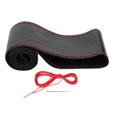 Imagem de Qanyegn capa de couro para volante, kit de linha de agulhas para cobertura de volante, linha lateral diy, costura manual, decoração de interiores de carro (Preto Vermelho)