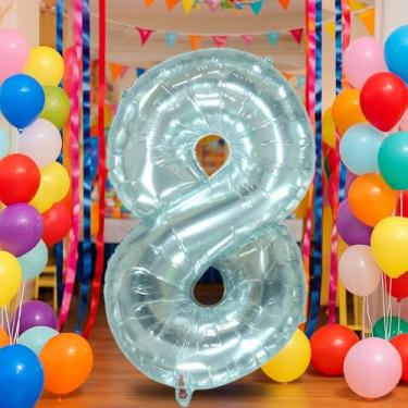 Imagem de Balão azul número 8 de 101 cm para decoração de aniversário de 8 anos, balões autoinfláveis com número de folha de creme de 0 a 9, balão de hélio de areia branca para meninos, meninas, mulheres