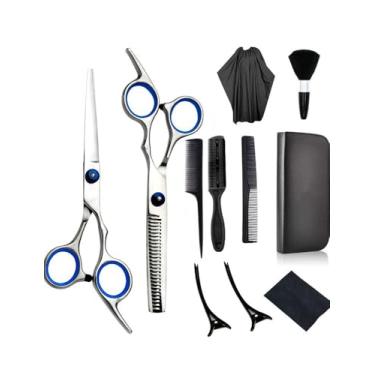 Imagem de Kit profissional de corte de cabelo com 11 peças – tesouras de aço inoxidável de 15 cm + pente e estojo bônus ótimo para casa/salão/barbeiro/homens/mulheres, azul