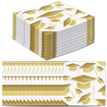 Imagem de 100 guardanapos de formatura, 3 camadas de papel branco e dourado, folha dourada, guardanapos de coquetel de graduação, toalhas de mão de papel para decoração de mesa de jantar de festas de fim de ano