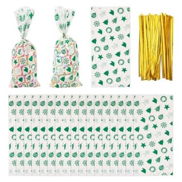 Imagem de 50 unidades de sacos de celofane de Natal de plástico para lembrancinhas de biscoito com 60 peças de gravatas douradas para lembrancinhas de festa de férias de inverno