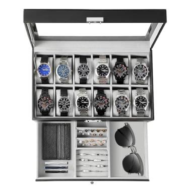 Imagem de GUKA Caixa de relógio com 12 compartimentos, organizador de exibição de relógio, caixa de joias de couro, gaveta de vidro para aniversário de homens e mulheres, criança marido pai