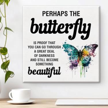 Imagem de Arte de parede em tela de primavera, estampa de borboletas, pôster emoldurado para sala de aula, escritório, sala de estar, decoração de casa 20 x 20 cm