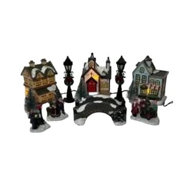 Imagem de Vila Natalina Decorativa com Luz LED, Kit 12 Peças, Casas e Figuras em Resina e ABS, Cenário de Natal Iluminado com Postes, Ponte, Árvores, 12cm Altura