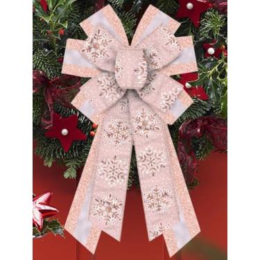 Imagem de Grandes laços de guirlanda de Natal, laços de decoração de Natal, flocos de neve rosa com glitter, arco de topo de árvore para decoração de festa de Natal, casa, ambientes internos e externos, enfeite