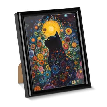 Imagem de Pôster de arte de parede floral de gato com estampa de flores coloridas para decoração de mesa, pintura emoldurada para decoração de casa, sala de estar, quarto, decoração de mesa 15 x 20 cm