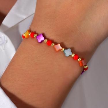 Imagem de Pulseiras femininas com cruz de trevo colorido com contas douradas, lindas contas vermelhas feitas à mão, trevo da sorte, trevo da sorte, elástico, presente de joias de praia de verão., Medium, Latão