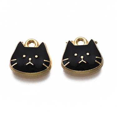 Imagem de 20 pingentes de liga esmaltada, formato de cabeça de gato, 11,5 x 11,5 x 3 mm, pingentes fofos de metal dourado claro para pulseira faça você mesmo, colar, chaveiro, joias, artesanato (preto)