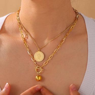 Imagem de Colar feminino banhado a ouro 18 K - Colar delicado com pingente de fivela de disco de camada dupla, hipoalergênico, não mancha, presente personalizado de Natal, aniversário, joias modernas, 15.75