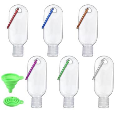 Imagem de 6 garrafas de viagem de 50 ml com chaveiro, recipientes recarregáveis à prova de vazamento para limpeza de mãos, garrafas de plástico portáteis com tampa flip para escritório em casa ao ar livre