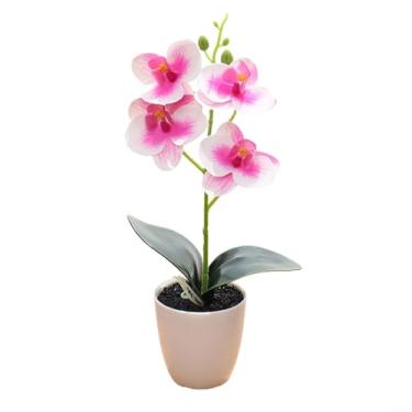 Imagem de Bonsai artificial com flores de orquídea falsas em vaso para festa jardim casa dr, três flores Phalaenopsis bonsai flor ornamentos criativos_B