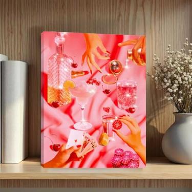 Imagem de Pôquer rosa vintage bonito engraçado coquetel cassino dados fichas arte de parede emoldurada, cool funky bebidas alcoólicas cereja bola de discoteca decoração de parede para dormitório, bar, festa