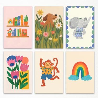 Imagem de Conjunto de 6 arte de parede em tela de berçário, pôster de flores coloridas para quarto de bebê e menino, imagem de animal de elefante e macaco de cachorro fofo para quarto de crianças pequenas