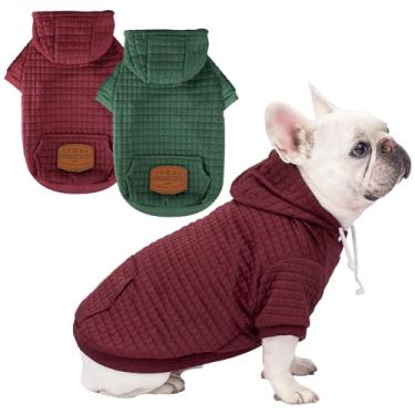 Imagem de Pacote com 2 suéteres com capuz para cães pequenos e médios roupas quentes para cães grandes moletom laminado tipo waffle macio buldogue (verde escuro + vinho, M (Costas: 40 cm, Peito: 55 cm, Pescoço