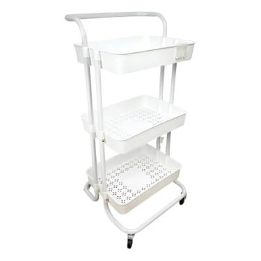 Imagem de Carrinho Organizador Multiuso 3 Prateleiras Com Rodinhas/Estante/Fruteira p Cozinha, Banheiro, Escritório e Salão | Prateleiras Espaçosas, Ganchos Extras e Design Moderno Premium (Branco)