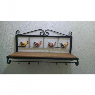 Imagem de Prateleira Cozinha Ferro Galinhas Madeira 60 Cm Largura