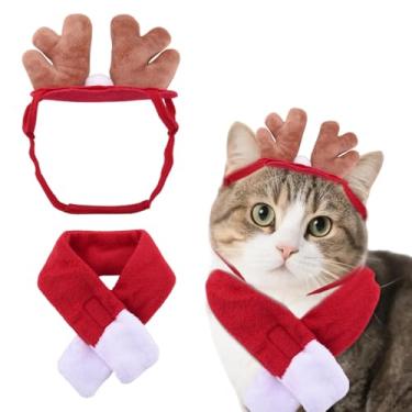 Imagem de Tiara de chifres de rena para gatos e cães, gola de Natal, cachecol para cães pequenos, gola de gatos, cachecol para gatinhos, roupas de Natal para cães pequenos, gatos, chapéu de Papai Noel para