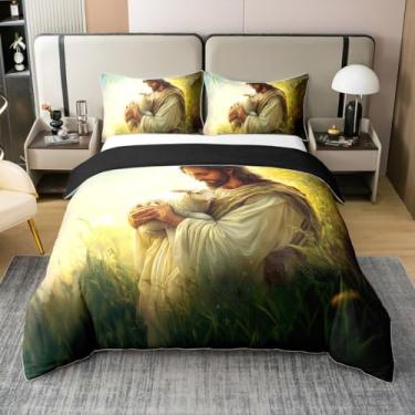 Imagem de 100% algodão versículos bíblicos cristãos tamanho Queen, conjunto de cama de ovelha branca, 3 peças para decoração de quarto de crianças, meninas, meninos, adultos, capa de edredom com tema de