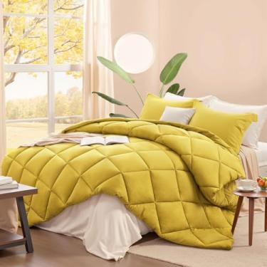 Imagem de SunStyle Home Conjunto de edredom Queen amarelo, 3 peças, tamanho Queen, liso, acolchoado, para todas as estações, conjunto de cama alternativo leve e macio com 2 fronhas