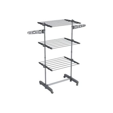 Imagem de Multi Varal de Chão Dobrável, 3 Andares, Preto, ABS e Aço, 170x70x65cm, Base com Rodízios, 48kg Capacidade, 6 Prateleiras Reguláveis