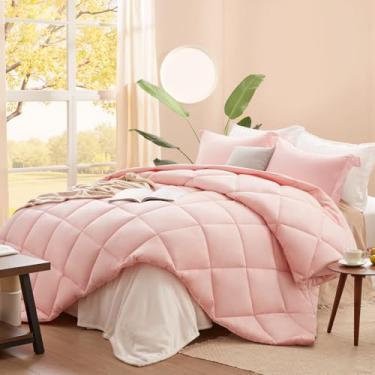 Imagem de SunStyle Home Conjunto de edredom rosa, tamanho king, 3 peças, edredom leve, acolchoado, sólido para todas as estações, conjunto de cama alternativo leve e macio com 2 fronhas