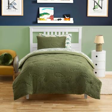 Imagem de Conjunto de edredom infantil tamanho solteiro – jogo de cama em relevo de dinossauro em uma bolsa para meninos e meninas, conjunto de lençol e edredom, em relevo de dinossauro