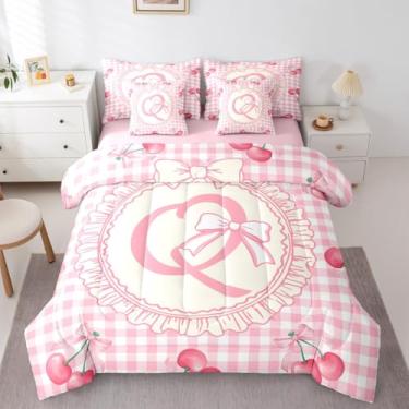 Imagem de Feelyou Conjunto de edredom solteiro com laço rosa cereja e laço fofo, 7 peças, para decoração de quarto, microfibra leve e macia