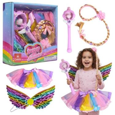 Imagem de Kit Fantasia Fada Colorida C/ Asas Vestido Tranças e Varinha Magica C/