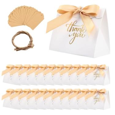 Imagem de Toys4u Pacote com 20 sacos de presente de agradecimento, 12 x 6,5 x 10 cm, sacos de lembrancinha de festa com estampa de folha dourada, caixas brancas com fita de laço e 20 peças de etiquetas de