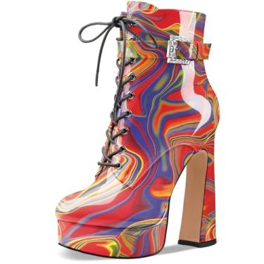 Imagem de Perisis Bota feminina preta de cano curto plataforma com cadarço salto alto grosso fechado bico redondo com zíper lateral e fivela de alça para mulheres sexy e fofas, Patente vermelha vulcânica, 37