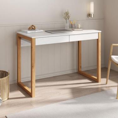 Imagem de IDIMEX Mesa Escritório com 2 Gavetas Pés em Madeira cor Branco Freijó Mesa Escrivaninha Noah 110 cm