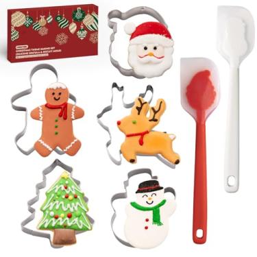 Imagem de Conjunto de cortadores de biscoito de Natal – 7 peças de cortadores de biscoito de Natal com espátula de silicone, molde de cozimento de aço inoxidável, árvore de Natal, cortador de biscoito de Papai