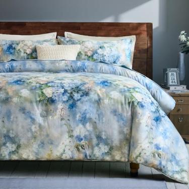 Imagem de Bedorm Conjunto de edredom floral, Queen, 3 peças, de algodão, azul, branco, botânico, estilo monet, decoração de quarto, arte chique, edredom para todas as estações