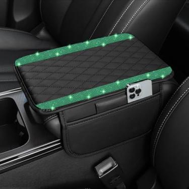 Imagem de Capa de console central de carro brilhante, almofada de couro para descanso de braço de carro com 2 bolsas de armazenamento, caixa de armazenamento universal com protetor de apoio de braço automotivo