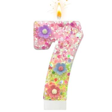 Imagem de Velas de aniversário de flores silvestres – Vela número 7 para topos de bolo, velas de macaron para decorações de festa temática doce, aniversário de casamento e outras celebrações (7 velas)