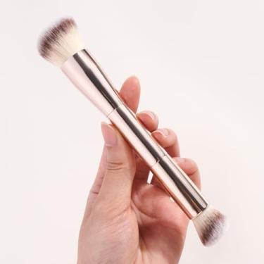 Imagem de 1 pincel de maquiagem de tubo de alumínio de ponta dupla com caixa de papel para aplicar blush, definir pó e outras maquiagens em pó, feito com cerdas macias (ouro)