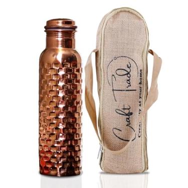 Imagem de Craft Trade Garrafa de água de cobre de 100 ml, garrafa de cobre 100% puro, vaso inspirado na Ayurveda para bem-estar, feito à mão em padrão de diamante com estojo de transporte de juta, aumenta a