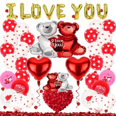 Imagem de YARIEW Decorações de Dia dos Namorados com balões de coração vermelho e balão do amor, pétalas de rosa, balões em forma de coração para festa de aniversário de casamento