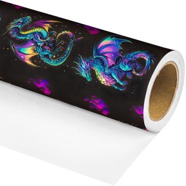Imagem de Altarho Rolo de papel de embrulho de dragão para crianças, meninos, mulheres e homens - Folhas de embrulho míticas com estampa de dragão neon para aniversário, adulto, suprimentos de festa de anime