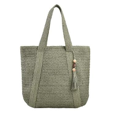 Imagem de Bolsa moderna de tecido de praia feita à mão, bolsa de ombro feminina de grande capacidade, bolsa de tecido de palha, Verde