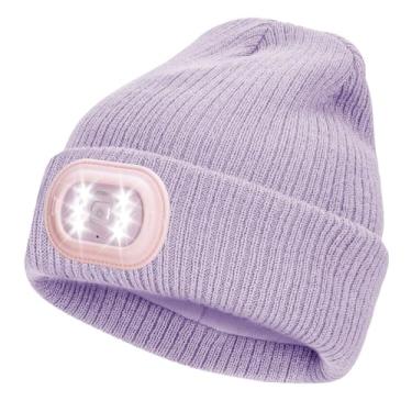 Imagem de IVYWNT Gorro unissex de LED com luz, lanterna de cabeça recarregável por USB, chapéu de malha de inverno, presente de Natal para homens e mulheres, roxo