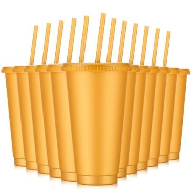 Imagem de Amyhill 12 copos reutilizáveis de glitter com tampas e canudos, copo de plástico de 680 g, caneca de viagem para suco de smoothie, aniversário, festa do pijama, suprimentos para meninas (ouro)