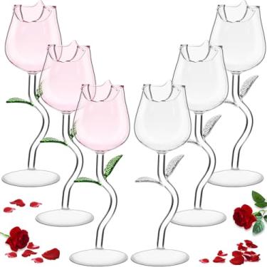 Imagem de Hushee 6 peças de copos de vinho rosa, taças de champanhe rosa, taças de champanhe, cálice de flor de rosa, transparente, copos de cristal de vinho tinto, presentes de inauguração de casa para