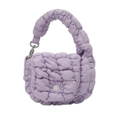Imagem de Ligficn Mini bolsa acolchoada bolsas pequenas de nylon bolsa leve bolsa de transporte bolsas inchadas para mulheres, Roxa, Tendência