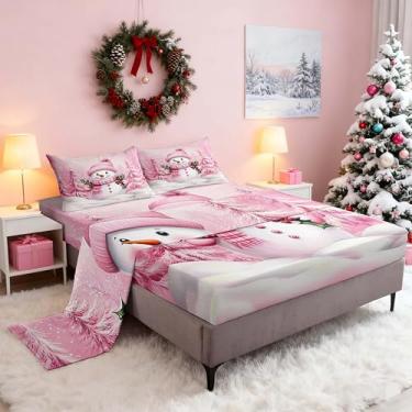 Imagem de Feelyou Jogo de lençol casal com boneco de neve fofo para meninas, rosa, árvore de Natal, inverno, lençol com elástico alto, floco de neve, respirável, macio e leve de microfibra